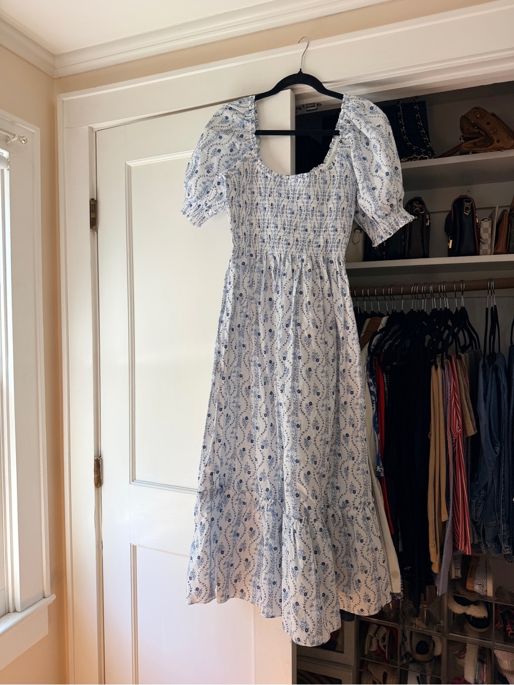 Hill House Home Smocked Puff-Sleeve Midi Dress in White & Blue- size M